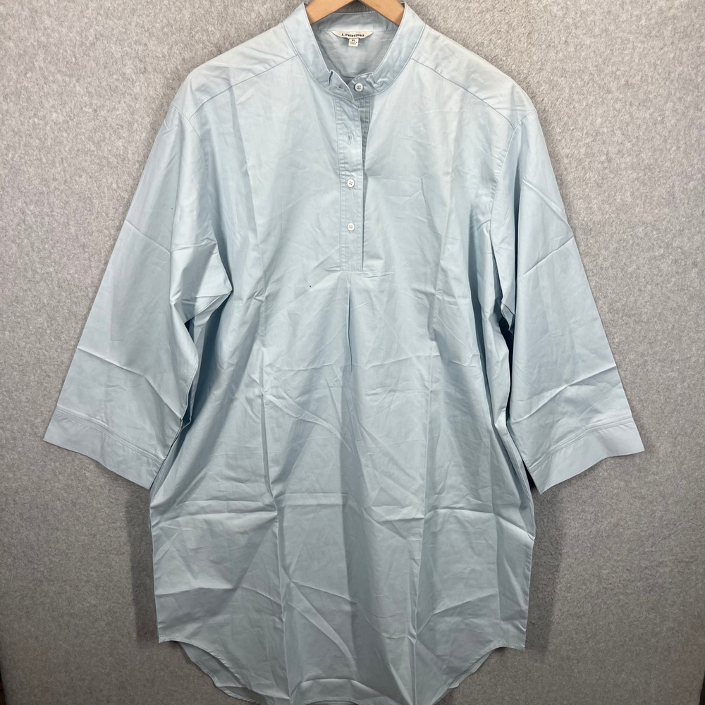 J. Peterman Tunic Shirt Womens XL Blue Cotton Henley‎ Band Collar 3/4 Sleeve EUC